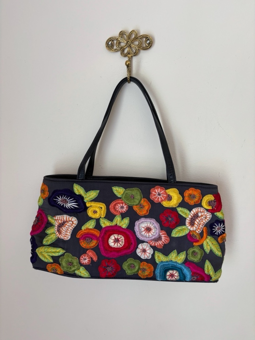 Santi Vibrant Embroidered Floral Satin Shoulder Bag - Picture 1 of 5
